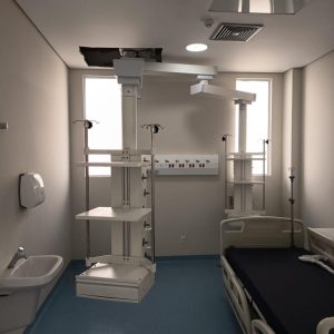 Estativas Med Light instaladas ao lado de cama hospitalar